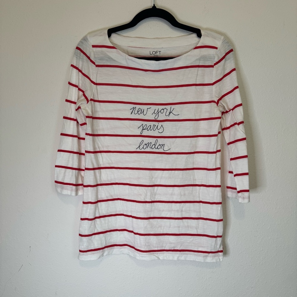 Loft Outlet Boatneck Red & White Stripes 3/4 Sleeve NY PARIS LONDON tee Size S